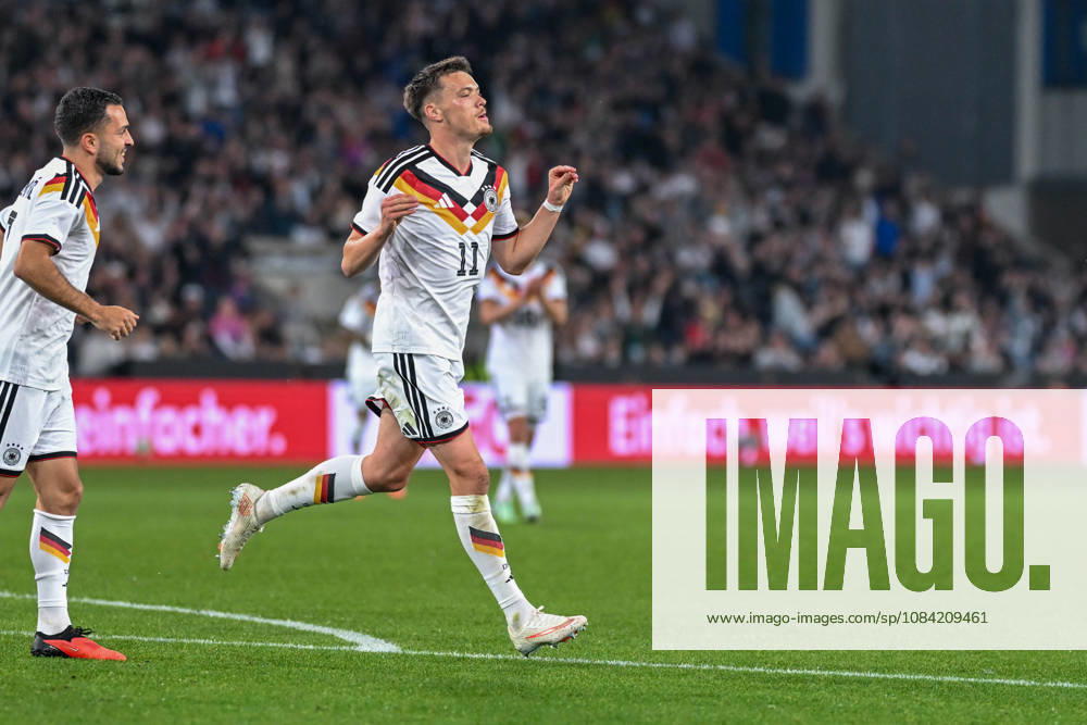 U-21 International Match 26-27: Germany vs. Georgia on October 6, 2026, at the SchücoArena in Bielefeld—Cheers, goal celebrations, goal scorers, goal scorer Dzenan Pejcinovic—Germany celebrates after his goal to make it 2-0 MT