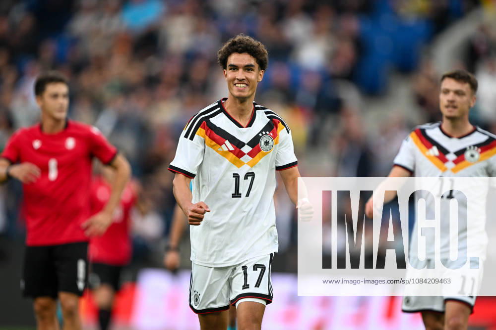 U-21 International Match 26-27: Germany vs. Georgia on October 6, 2026, at the SchücoArena in Bielefeld—Cheers, goal celebrations, goal scorers, goal scorer Noah Darvich—Germany celebrates after his goal to make it 1-0 MT