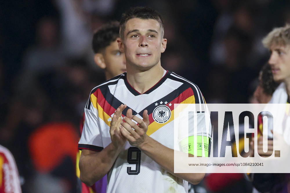 Nicolo Tresoldi, a German fan, cheers during the UEFA Under-21 EURO qualifier between Germany U21 and Georgia U21 at Almstadion on October 6, 2026, in Bielefeld, Germany. Photo by Marco Steinbrenner, DeFodi Images