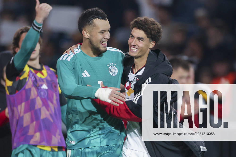 Goalkeepers Mio Backhaus (Germany) and Noah Darvich (Germany) cheer during the UEFA Under-21 EURO qualifier between Germany U21 and Georgia U21 at Almstadion on October 6, 2026, in Bielefeld, Germany. Photo by Marco Steinbrenner, DeFodi Images