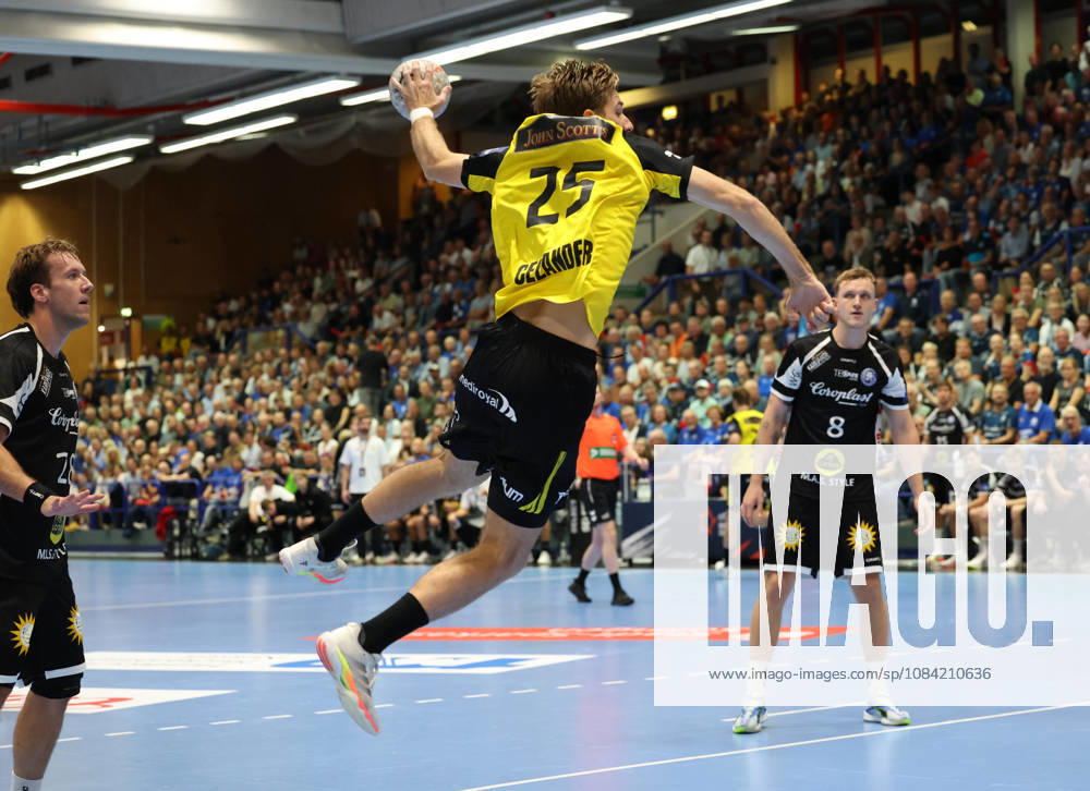 From left: Tom Bergner (Bergischer HC 28), Malte Celander (IK Saevehof 25), Nico Schoettle (Bergischer HC 08 GER), Bergischer HC 06 vs. IK Saevehof, Handball, EHF Europa League 2026–27, Matchday 2, 2026–2027 season, October 6, 2026 GER, Bergischer HC06 vs. IK Saevehof, Handball, EHF Europa League 2026–27, Matchday 2, 2026–2027 season, October 6, 2026 Solingen Mitte
