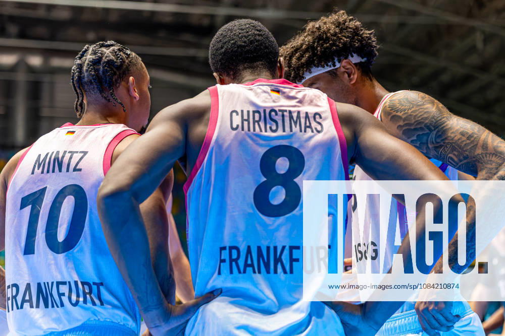 Judah Mintz (Skyliners Frankfurt, 10), William Christmas (Skyliners Frankfurt, 8) and Roman Bedime (Skyliners Frankfurt, 35) during the BKT EuroCup 2026 27, match between Frankfurt Skyliners vs. BC Siauliai at Suewag Energie Arena on October 6, 2026 in Frankfurt am Main, Germany. Hessen Germany