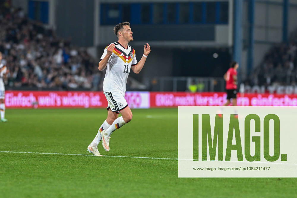 U-21 International Match 26-27: Germany vs. Georgia on October 6, 2026, at the SchücoArena in Bielefeld—Cheers, goal celebrations, goal scorers, goal scorer Dzenan Pejcinovic—Germany celebrates after his goal to make it 2-0 MT