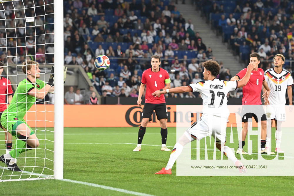 Noah DARVICH (GER) scoring chance against goalkeeper Papuna Beruashvili (GEO) – action, tackle, international soccer match, U21, European Championship Qualifiers, Germany vs. Georgia 2–0 on October 6, 2026, Schüco Arena, Bielefeld, Â