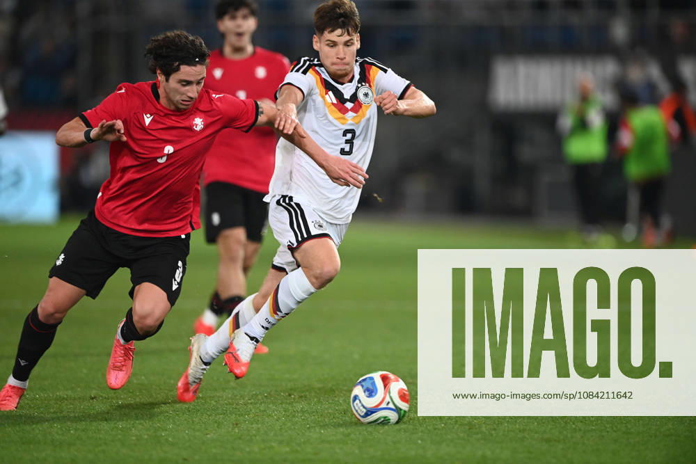Lukas ULLRICH (GER) vs. Dato BUKIA (GEO) – Action, Tackle, International Soccer Match, U21, European Championship Qualifier, Germany vs. Georgia 2–0 on October 6, 2026, Schueco Arena, Bielefeld, Â