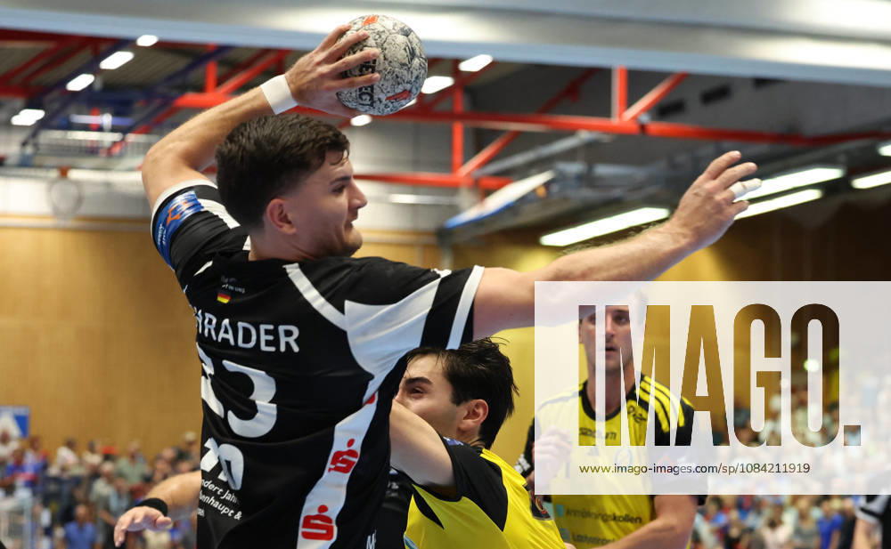 From left: Janik Schrader (Bergischer HC 23), Sebastian Durlanu (IK Saevehof 15), David Sandberg (IK Saevehof 21 GER), Bergischer HC06 vs. IK Saevehof, Handball, EHF Europa League 2026–27, Matchday 2, 2026–2027 season, October 6, 2026 GER, Bergischer HC06 vs. IK Saevehof, Handball, EHF Europa League 2026–27, Matchday 2, 2026–2027 season, October 6, 2026 Solingen Mitte