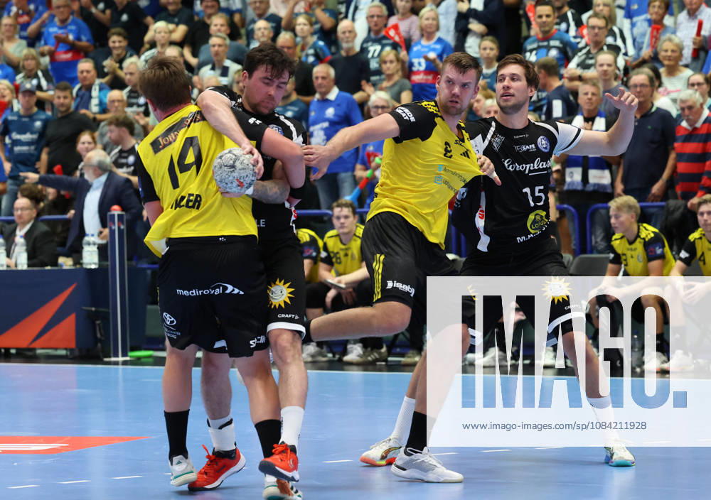 From left: Tobias Trommler, IK Saevehof 14; Tim Hilding, Bergischer HC 17; Birgir Steinn Jonsson, IK Saevehof 08; Lars Kooij, Bergischer HC 15 GER, Bergischer HC06 vs. IK Saevehof, Handball, EHF Europa League 2026–27, Matchday 2, 2026–2027 season, October 6, 2026 GER, Bergischer HC06 vs. IK Saevehof, Handball, EHF Europa League 2026–27, Matchday 2, 2026–2027 season, October 6, 2026 Solingen Mitte