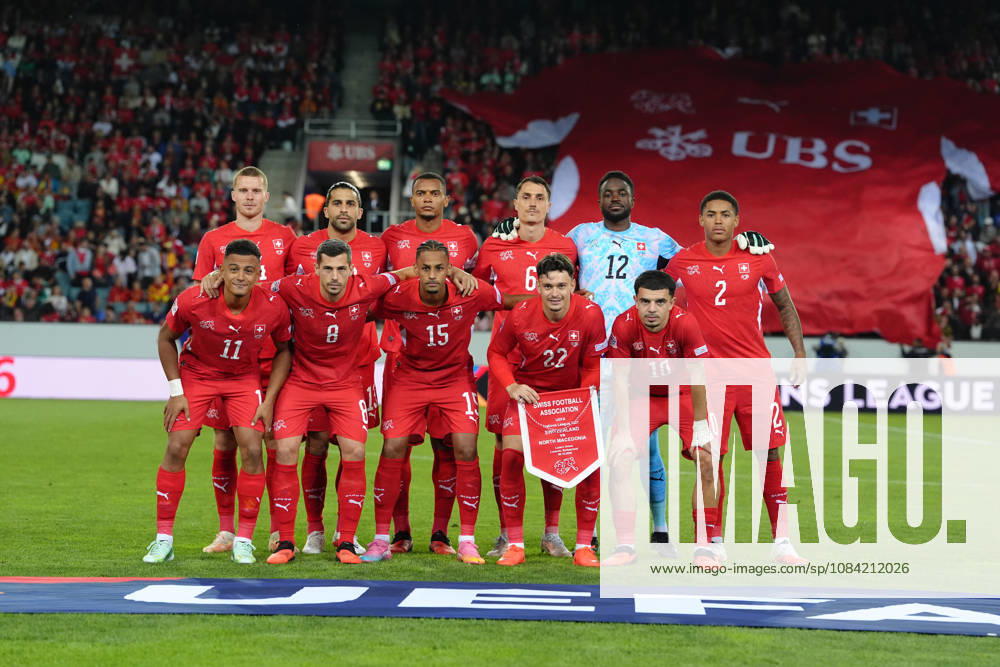 Dan Ndoye (11 SUI), Remo Freuler (8 SUI), Sascha Britschgi (2 SUI), Mohameth Djibril Ibrahima Sow (15 SUI), Fabian Rieder (22 SUI), Ricardo Rodriguez Araya (13 SUI), Nico Elvedi (4 SUI), Mohamed Zeki Amdouni (10 SUI) Vincent Sierro (6 SUI), Manuel Akanji (5 SUI) and Yvon Landry Mvogo Nganoma (Goalkeeper 12 SUI) before the UEFA Nations League match between Switzerland and North Macedonia at thermoplan arena on October 06, 2026 in Luzern, Switzerland.