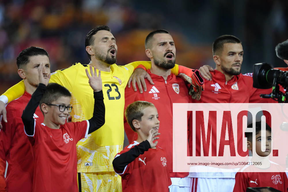 Stole Dimitrievski (Goalkeeper 23 MKD) and Enis Bardhi (10 MKD) during National anthem before the UEFA Nations League match between Switzerland and North Macedonia at thermoplan arena on October 06, 2026 in Luzern, Switzerland.