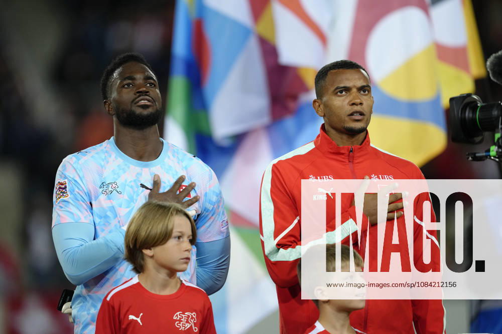 Manuel Akanji (5 SUI) and Yvon Landry Mvogo Nganoma (Goalkeeper 12 SUI) during National anthem before the UEFA Nations League match between Switzerland and North Macedonia at thermoplan arena on October 06, 2026 in Luzern, Switzerland.