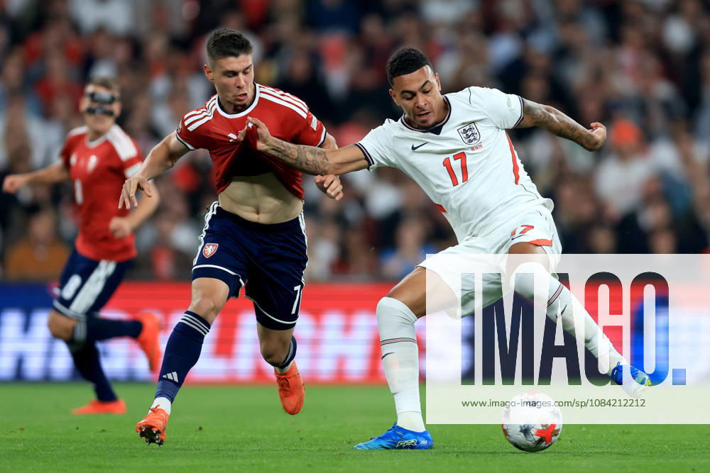 England v Czechia - UEFA Nations League 2026 27 Group A3 MD4 Jiri Slama of Czechia and Morgan Rogers of England challenge during the UEFA Nations League 2026 27 group phase match between England and Czechia at Wembley Stadium on October 6, 2026 in London, England. London Wembley Stadium England United Kingdom