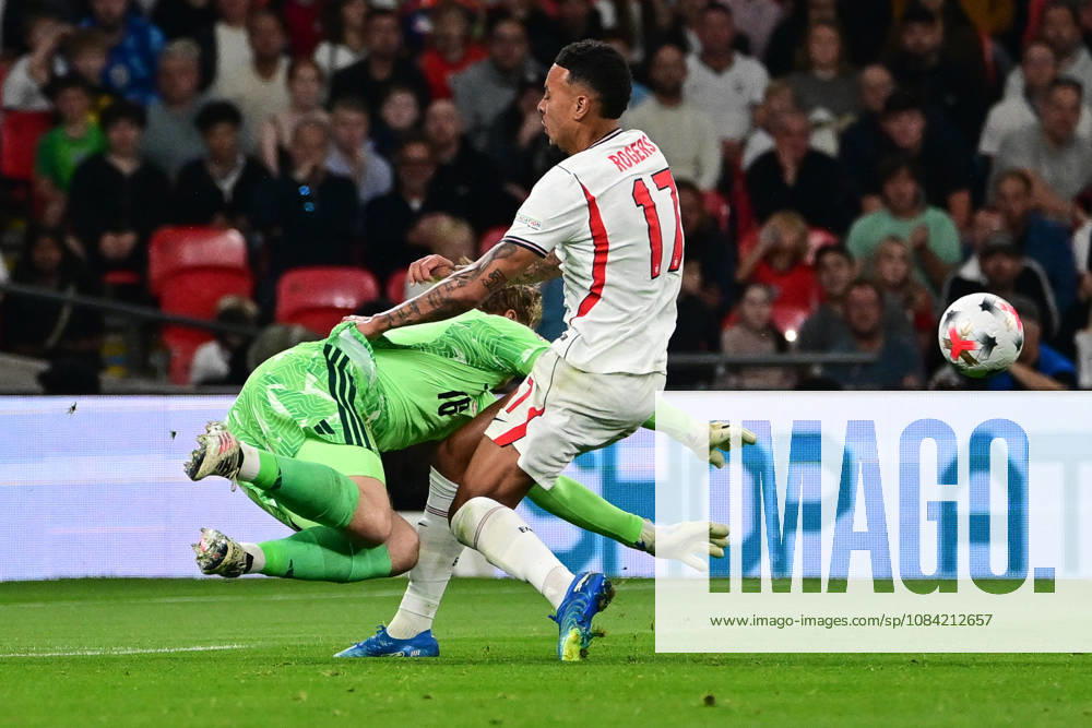 England v Czechia, UEFA Nations League Czechia goalkeeper Lukas Hornicek (16) makes an important save from England forward Morgan Rogers (17) during the UEFA Nations League match between England and Czechia at Wembley Stadium, London, UK on 6 October 2026. London Wembley Stadium Greater London UK Editorial use only ,