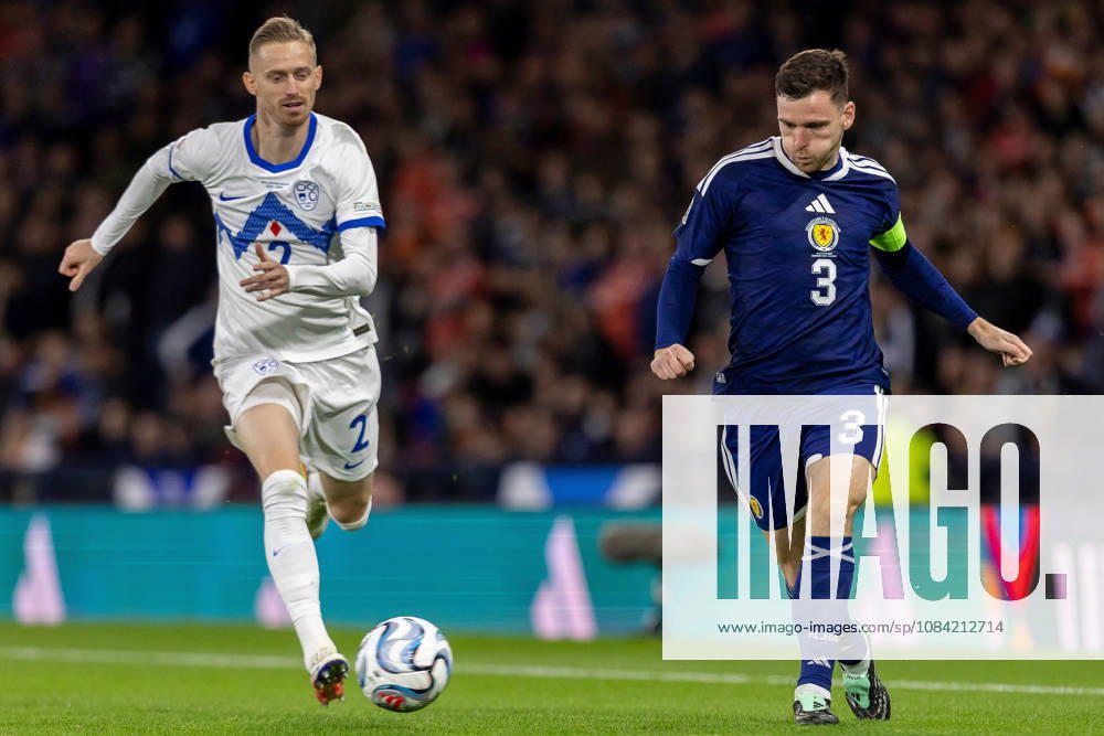Scotland v Slovenia, UEFA Nations League Andy Robertson of Scotland national team, Nationalteam plays the ball in front of Å½an KarniÄnik of Slovenia during the UEFA Nations League League B Group B1 between Scotland and Slovenia. Barclays Hampden, Hampden Park, Glasgow, Scotland. 6 October 2026. Hampden Park Barclays Hampden Glasgow Scotland Editorial use only ,