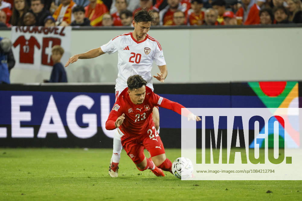 Fabian Rieder of Switzerland, 22, and Dimitar Mitrovski of North Macedonia, 20, in a one-on-one battle; Switzerland, UEFA, Nations League, Matchday 4, Switzerland vs. North Macedonia, October 6, 2026, Swissporarena, Lucerne, Switzerland