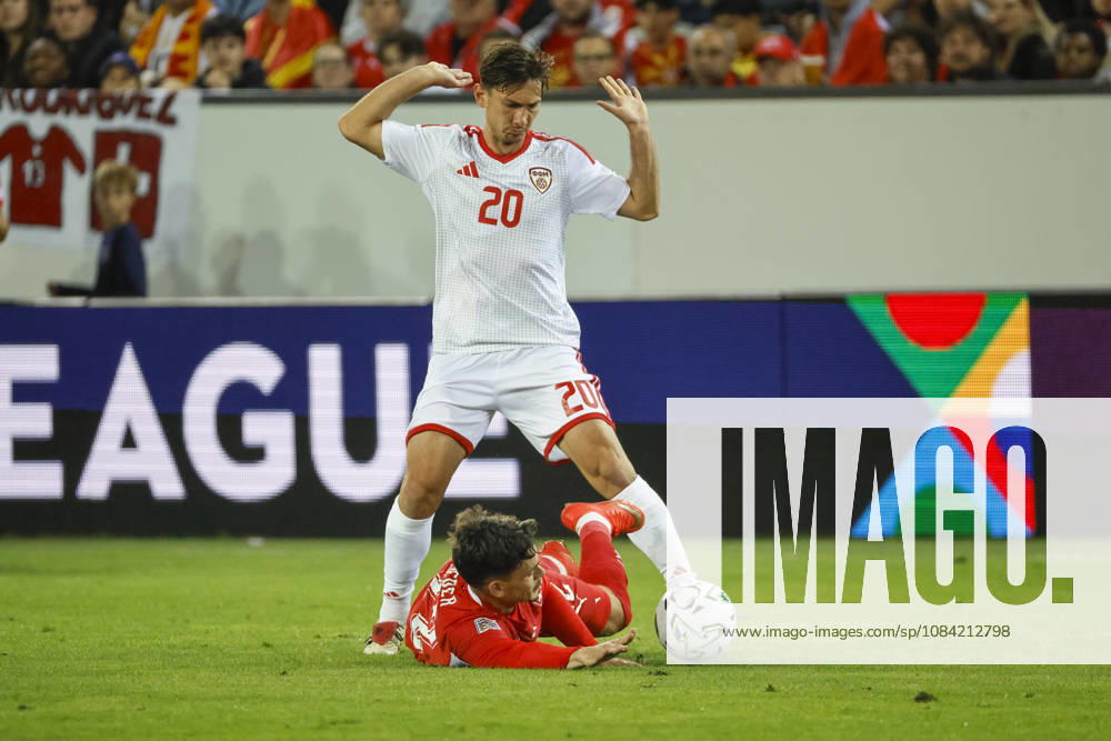 Fabian Rieder of Switzerland, 22, and Dimitar Mitrovski of North Macedonia, 20, in a one-on-one battle; Switzerland, UEFA, Nations League, Matchday 4, Switzerland vs. North Macedonia, October 6, 2026, Swissporarena, Lucerne, Switzerland