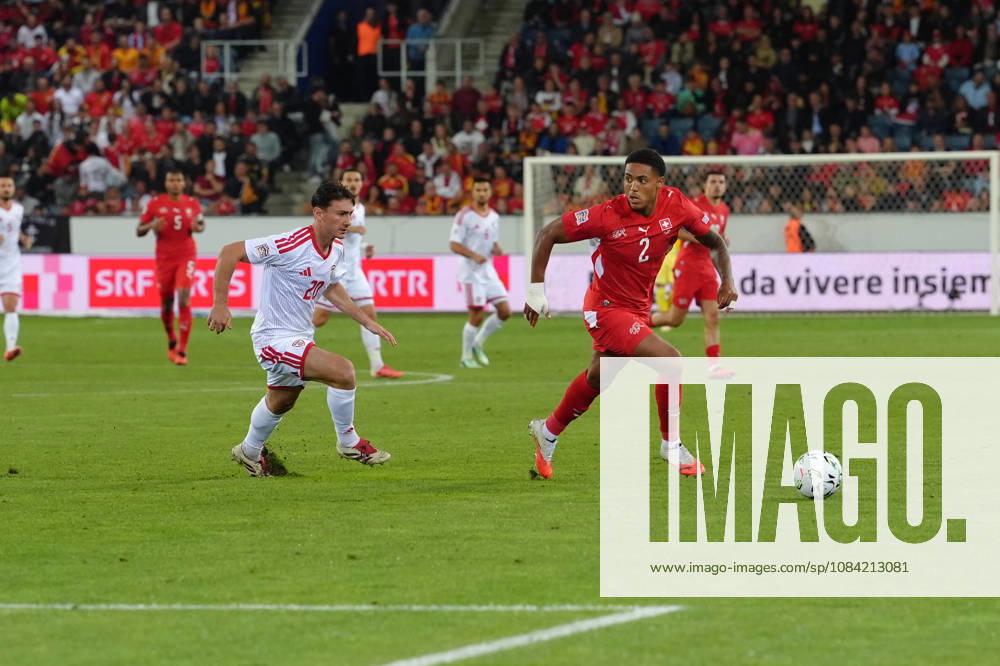 Sascha Britschgi (2 SUI) against Dimitar Mitrovski (20 MKD) during the UEFA Nations League match between Switzerland and North Macedonia at thermoplan arena on October 06, 2026 in Luzern, Switzerland.