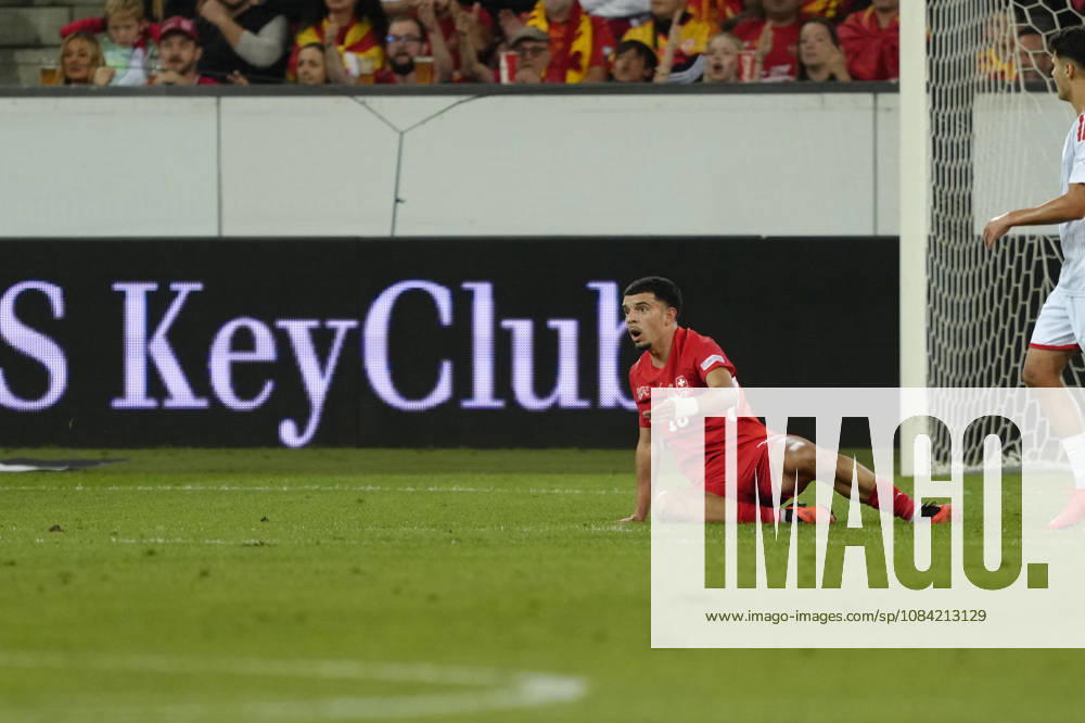 Mohamed Zeki Amdouni (10 SUI) after a foul on the pitch during the UEFA Nations League match between Switzerland and North Macedonia at thermoplan arena on October 06, 2026 in Luzern, Switzerland.