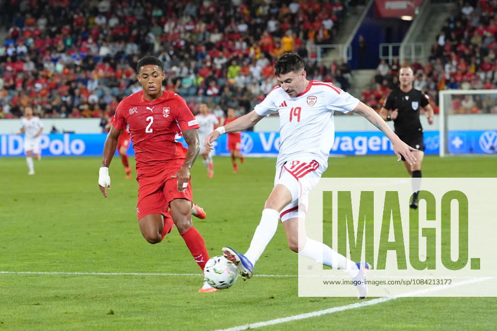 Sascha Britschgi (2 SUI) against Ljupche Doriev (19 MKD) during the UEFA Nations League match between Switzerland and North Macedonia at thermoplan arena on October 06, 2026 in Luzern, Switzerland.