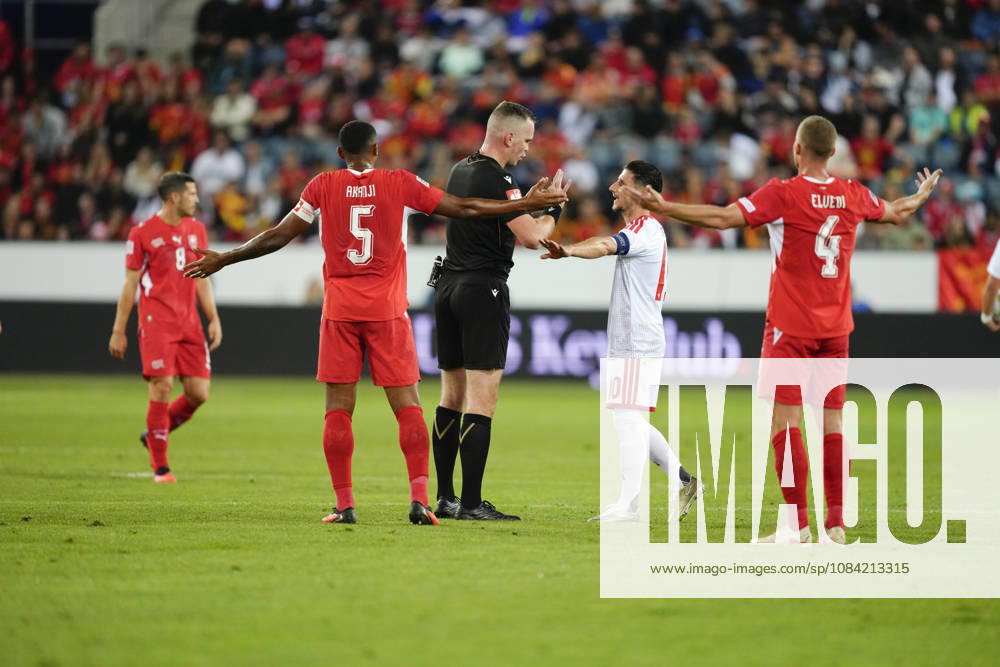 Enis Bardhi (10 MKD) talks to Referee Edgars Majcevs during the UEFA Nations League match between Switzerland and North Macedonia at thermoplan arena on October 06, 2026 in Luzern, Switzerland.