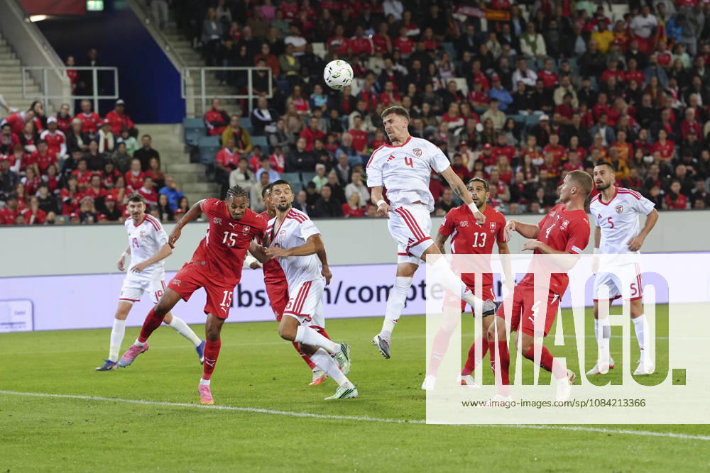 Andrej Stojchevski (4 MKD) with a header during the UEFA Nations League match between Switzerland and North Macedonia at thermoplan arena on October 06, 2026 in Luzern, Switzerland.