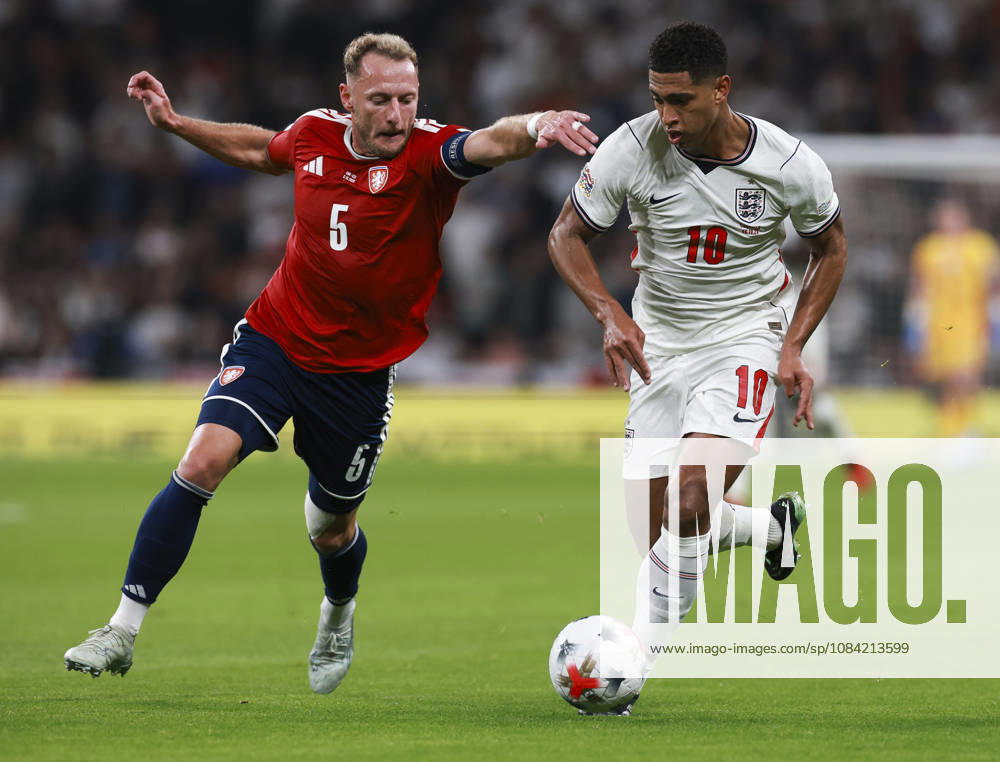 England v Czech Republic, UEFA Nations League, League A - Group 3 London, UK: England v Czech Republic, UEFA Nations League, League A - Group 3, Wembley Stadium. 6 October 2026 Photograph by Marc Aspland for The Times & The Sunday Times Jude Bellingham of England and Vladimír Coufal Of Czech Republic