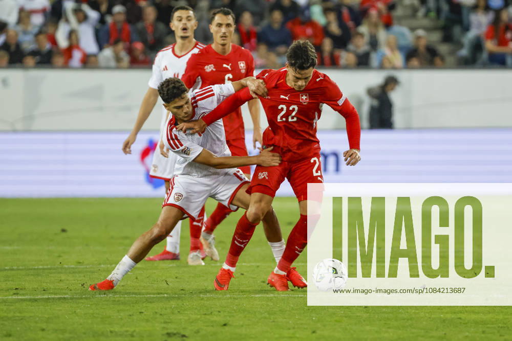 Agon Elezi of North Macedonia, 15, and Fabian Rieder of Switzerland, 22, in a one-on-one battle; Switzerland, UEFA, Nations League, Matchday 4, Switzerland vs. North Macedonia, October 6, 2026, Swissporarena, Lucerne, Switzerland