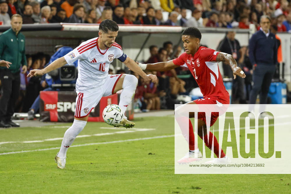 Enis Bardhi (North Macedonia), 10, and Sascha Britschgi (Switzerland), 2, in a one-on-one battle; Switzerland, UEFA Nations League, Matchday 4, Switzerland vs. North Macedonia, October 6, 2026, Swissporarena, Lucerne, Switzerland