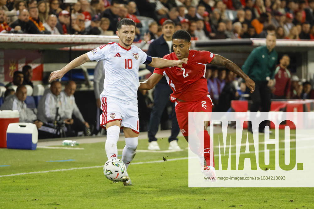 Enis Bardhi (North Macedonia), 10, and Sascha Britschgi (Switzerland), 2, in a one-on-one battle; Switzerland, UEFA Nations League, Matchday 4, Switzerland vs. North Macedonia, October 6, 2026, Swissporarena, Lucerne, Switzerland