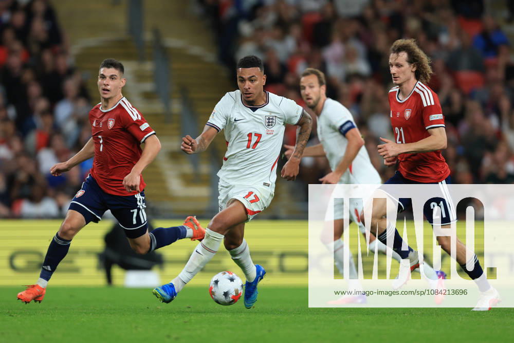 England v Czechia - UEFA Nations League 2026 27 Group A3 MD4 Morgan Rogers of England breaks away from Jiri Slama of Czechia and Alex Kral of Czechia during the UEFA Nations League 2026 27 group phase match between England and Czechia at Wembley Stadium on October 6, 2026 in London, England. London Wembley Stadium England United Kingdom
