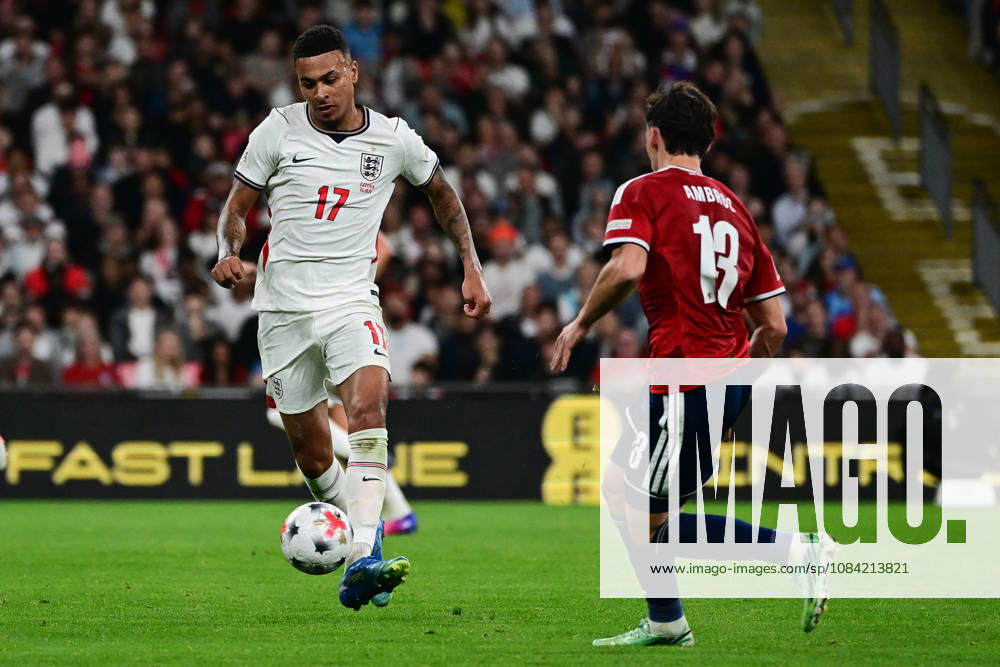 England v Czechia, UEFA Nations League England forward Morgan Rogers (17) sprints forward with the ball under pressure from Czechia midfielder Lukas Ambros (13) during the UEFA Nations League match between England and Czechia at Wembley Stadium, London, UK on 6 October 2026. London Wembley Stadium Greater London UK Editorial use only ,