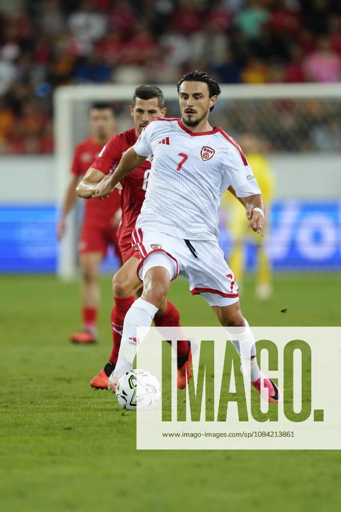 Eljif Elmas (7 MKD) against Remo Freuler (8 SUI) during the UEFA Nations League match between Switzerland and North Macedonia at thermoplan arena on October 06, 2026 in Luzern, Switzerland.