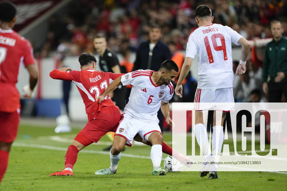 Visar Musliu (6 MKD) against Fabian Rieder (22 SUI) during the UEFA Nations League match between Switzerland and North Macedonia at thermoplan arena on October 06, 2026 in Luzern, Switzerland.