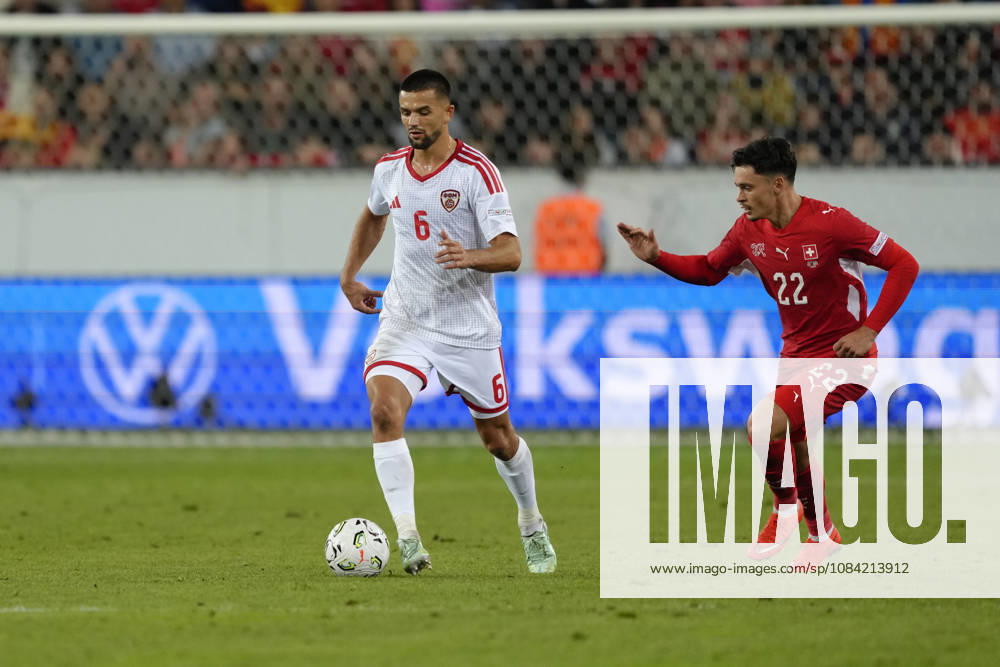 Visar Musliu (6 MKD) against Fabian Rieder (22 SUI) during the UEFA Nations League match between Switzerland and North Macedonia at thermoplan arena on October 06, 2026 in Luzern, Switzerland.