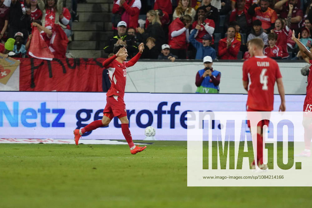 Fabian Rieder (22 SUI) celebrates his goal during the UEFA Nations League match between Switzerland and North Macedonia at thermoplan arena on October 06, 2026 in Luzern, Switzerland.