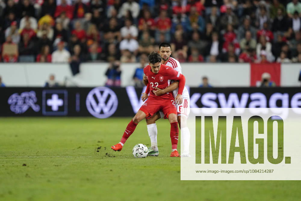 Fabian Rieder (22 SUI) in duel for the ball with Visar Musliu (6 MKD) during the UEFA Nations League match between Switzerland and North Macedonia at thermoplan arena on October 06, 2026 in Luzern, Switzerland.