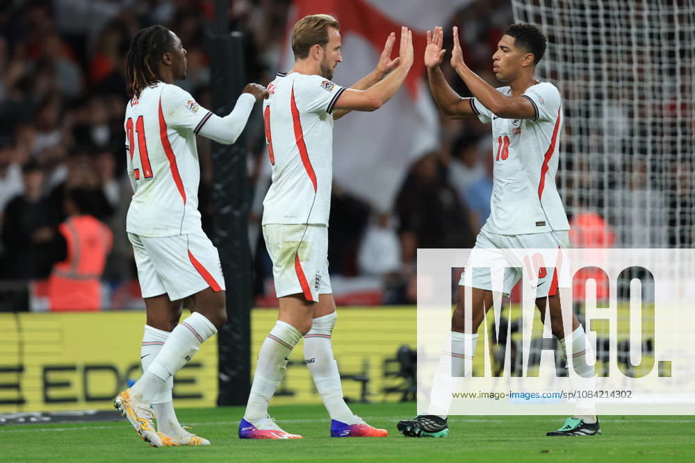 England v Czechia - UEFA Nations League 2026 27 Group A3 MD4 Eberechi Eze, Harry Kane and Jude Bellingham of England celebrate 2nd goal during the UEFA Nations League 2026 27 group phase match between England and Czechia at Wembley Stadium on October 6, 2026 in London, England. London Wembley Stadium England United Kingdom