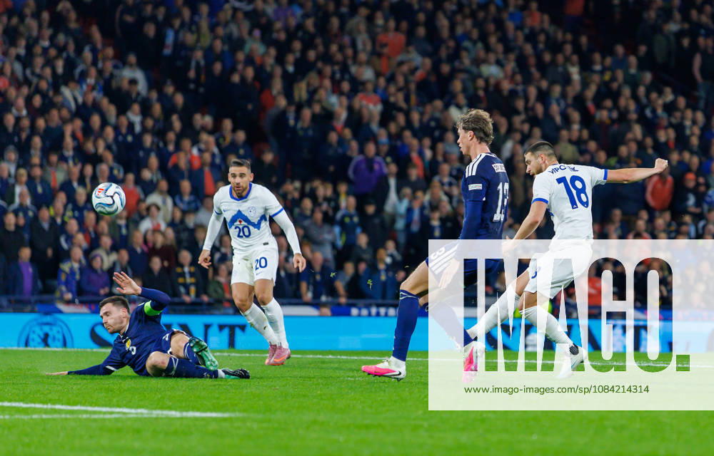 Scotland v Slovenia, UEFA Nations League, League B Group 1 : Andy Robertson blocks Zak Vipotnik’s shot