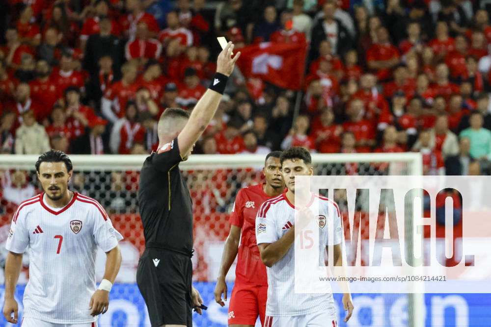 Agon Elezi of North Macedonia, 15, receives a yellow card from referee Edgars Malcevs (LVA), Switzerland, UEFA, Nations League, Matchday 4, Switzerland vs. North Macedonia, October 6, 2026, Swissporarena, Lucerne, Switzerland