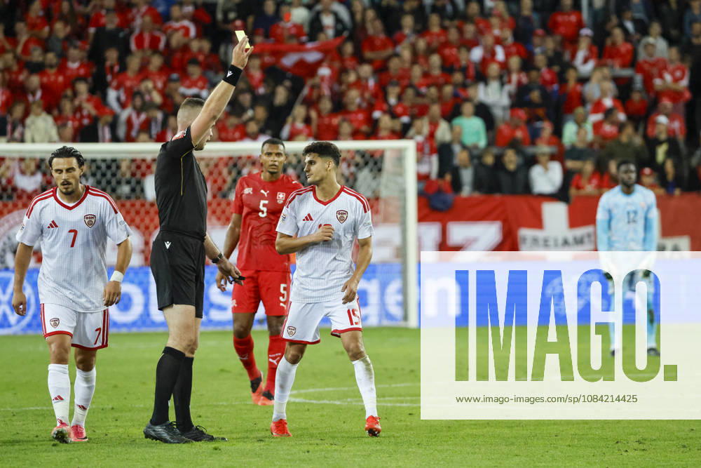Agon Elezi of North Macedonia, 15, receives a yellow card from referee Edgars Malcevs (LVA), Switzerland, UEFA, Nations League, Matchday 4, Switzerland vs. North Macedonia, October 6, 2026, Swissporarena, Lucerne, Switzerland
