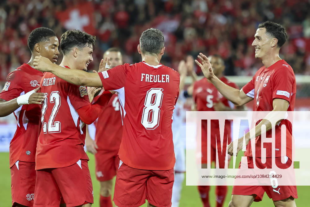 Goal celebration in Switzerland after Fabian Rieder s 1-0 goal, Switzerland, 22, joy, excitement, positive emotions, goal, Switzerland, UEFA, Nations League, Matchday 4, Switzerland vs. North Macedonia, October 6, 2026, Lucerne Swissporarena, Switzerland