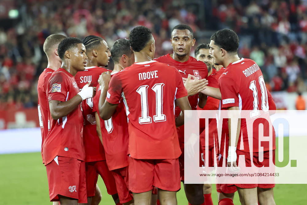 Goal celebration in Switzerland after Fabian Rieder s 1-0 goal, Switzerland, 22, joy, excitement, positive emotions, goal, Switzerland, UEFA, Nations League, Matchday 4, Switzerland vs. North Macedonia, October 6, 2026, Lucerne Swissporarena, Switzerland