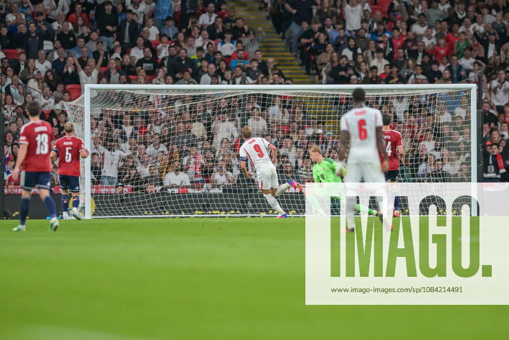 Harry Kane of England scores close to the end of the first half during the Nations League match between England and Czechia at Wembley Stadium, London, England on 6 October 2026.
