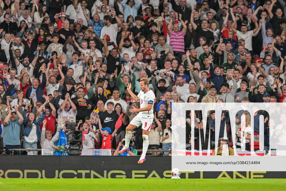 Harry Kane of England celebrates scoring close to the end of the first half during the Nations League match between England and Czechia at Wembley Stadium, London, England on 6 October 2026.