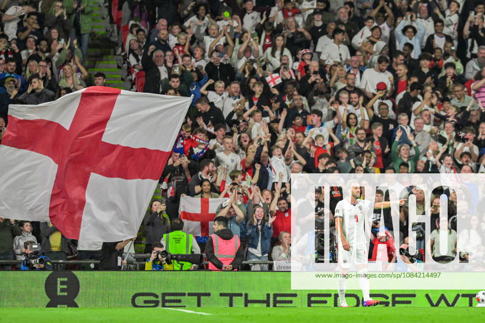 Harry Kane of England celebrates scoring close to the end of the first half during the Nations League match between England and Czechia at Wembley Stadium, London, England on 6 October 2026.