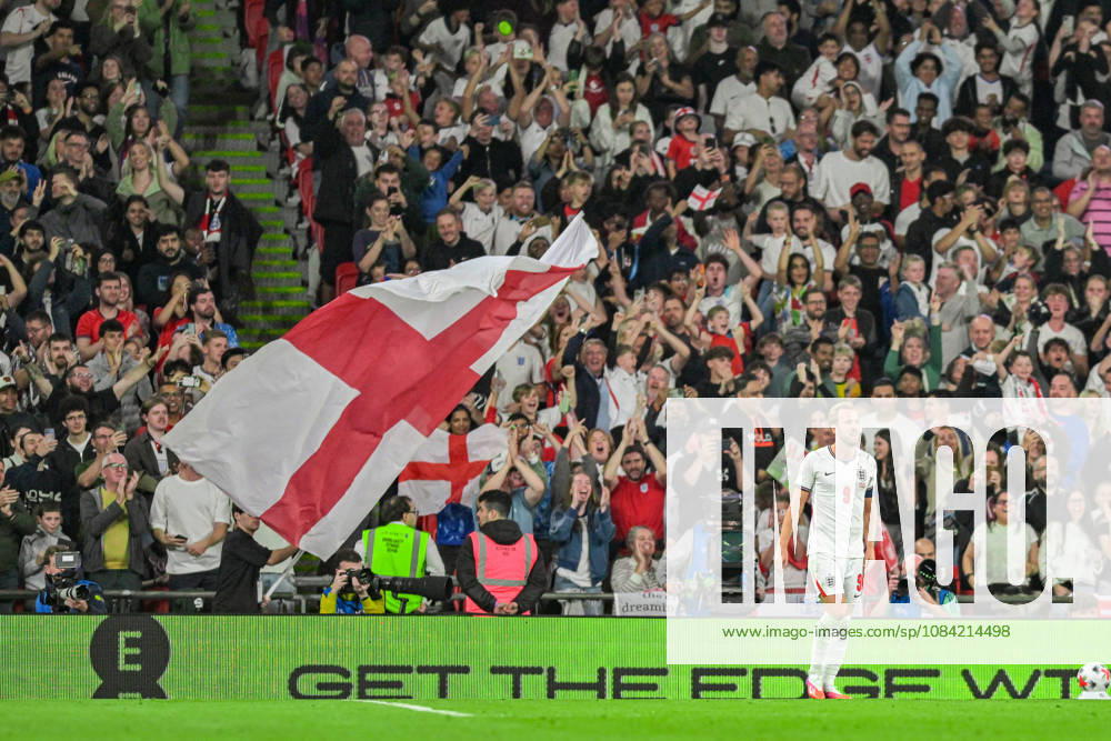 Harry Kane of England celebrates scoring close to the end of the first half during the Nations League match between England and Czechia at Wembley Stadium, London, England on 6 October 2026.