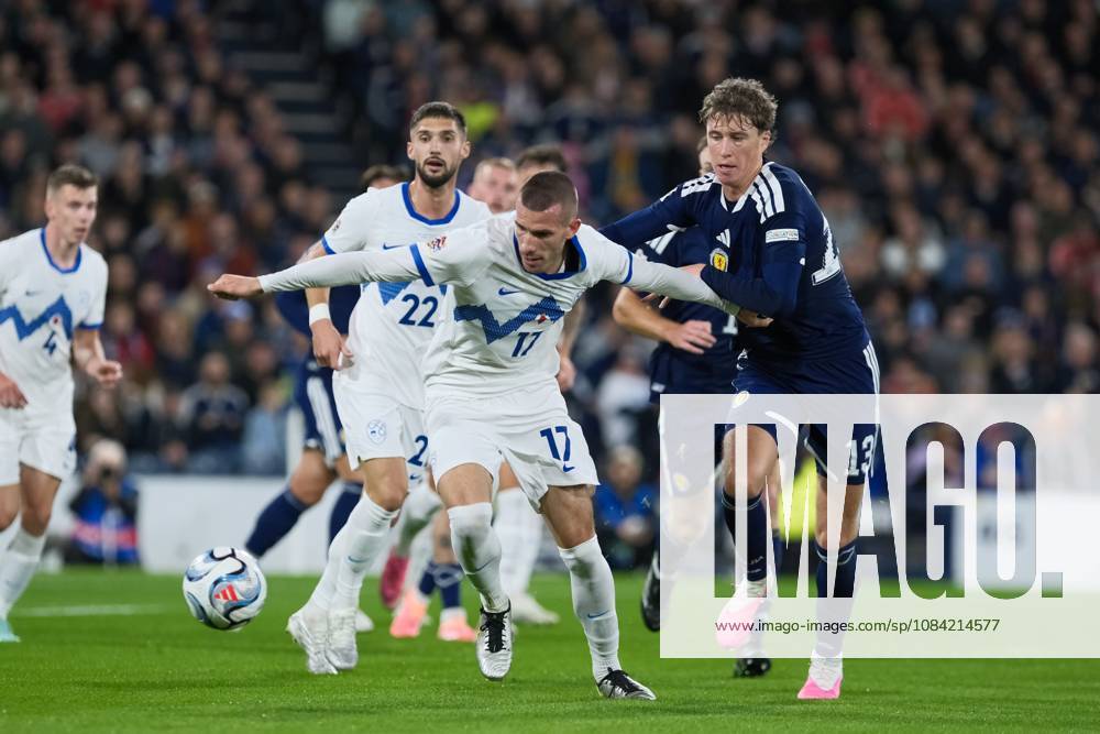 UK: Scotland v Slovenia, UEFA Nations League at Barclays Hampden, Glasgow, Scotland on 06 October 2026: Pictured: David Zec (Slovenia) and Jack Hendry (Scotland) Glasgow Barclays Hampden Scotland