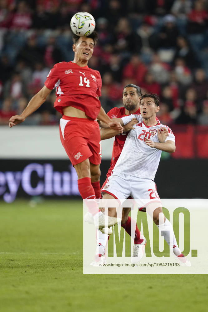 Ardon Jashari (14 SUI) with a header while Ricardo Rodriguez Araya (13 SUI) against Dimitar Mitrovski (20 MKD) during the UEFA Nations League match between Switzerland and North Macedonia at thermoplan arena on October 06, 2026 in Luzern, Switzerland.