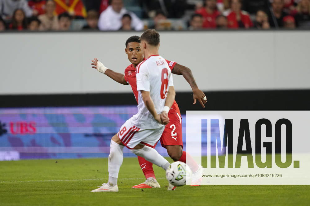 Sascha Britschgi (2 SUI) against Ezgjan Alioski (8 MKD) during the UEFA Nations League match between Switzerland and North Macedonia at thermoplan arena on October 06, 2026 in Luzern, Switzerland.