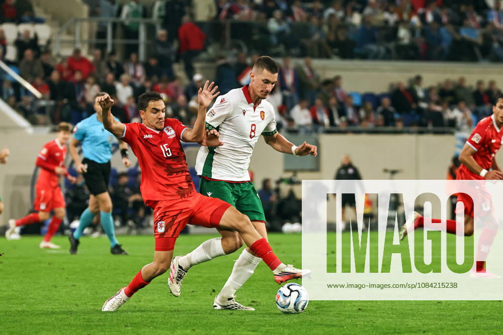 LUX, Soccer, Men s, Nations League, Matchday 4, Luxembourg vs. Bulgaria; Omar Natami (Luxembourg), 15, with a toe-poke past Andrian Kraev (Bulgaria), 08, in possession; Luxembourg, Stade de Luxembourg, Gasperich, Luxembourg