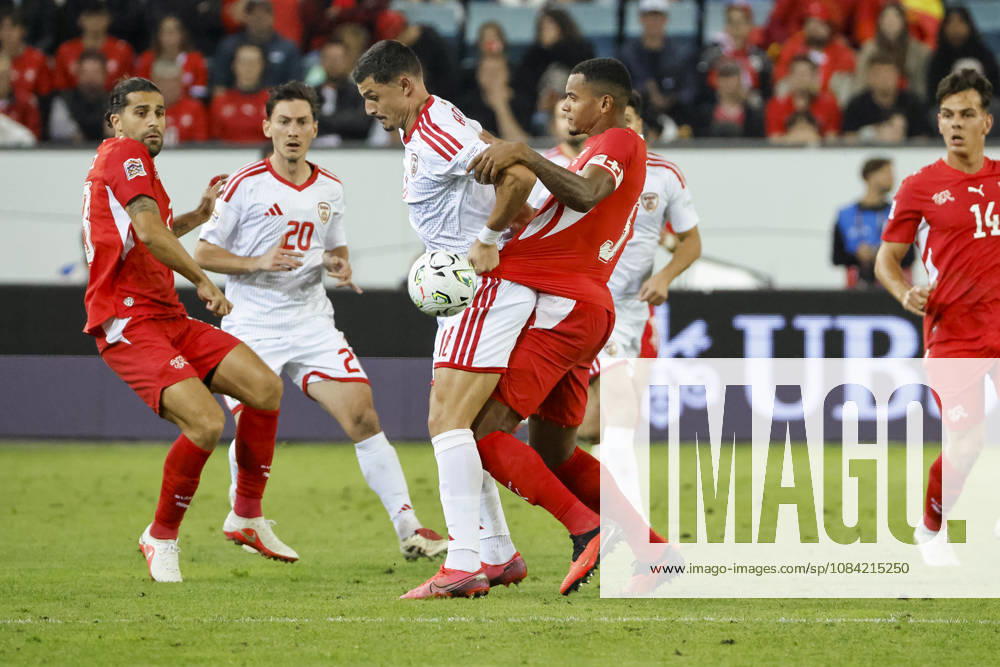 Elmin Rastoder of North Macedonia, 11, and Manuel Akanji of Switzerland, 05, in a tackle; Switzerland, UEFA, Nations League, Matchday 4, Switzerland vs. North Macedonia, October 6, 2026, Swissporarena, Lucerne, Switzerland